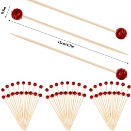 100 Pieces Bamboo Cocktail Picks 4.7 Inch Fruit Toothpicks Sports Ball End Cocktail Skewers Wooden Decorative Cocktail Picks for Appertizes, Fruit, Food, Sport Party Favors (Basketball)