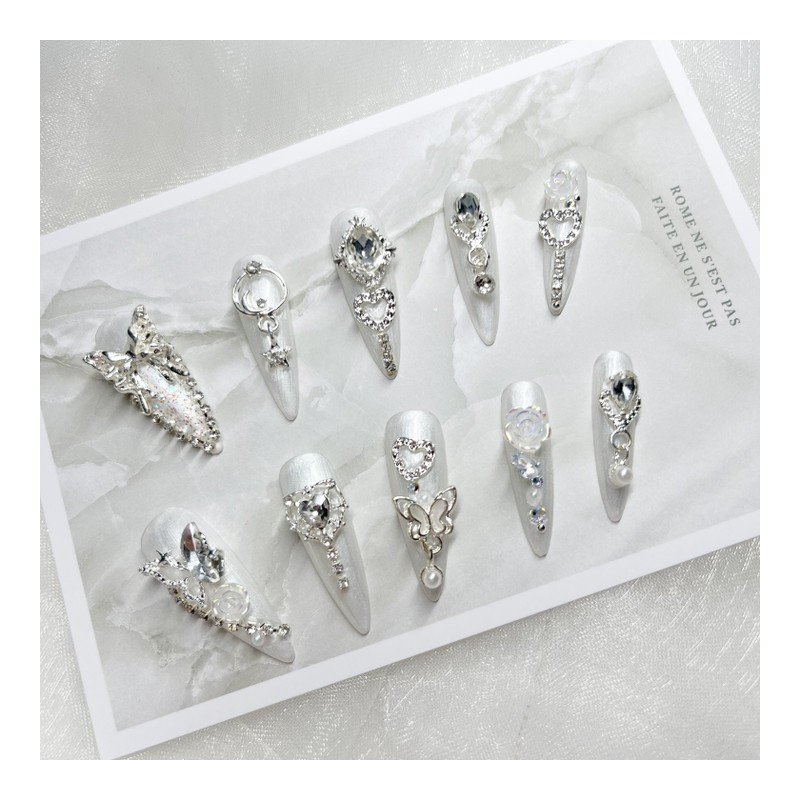 [Handmade Nail Tips] Wedding Nail Crystal Butterfly Nail - Stiletto