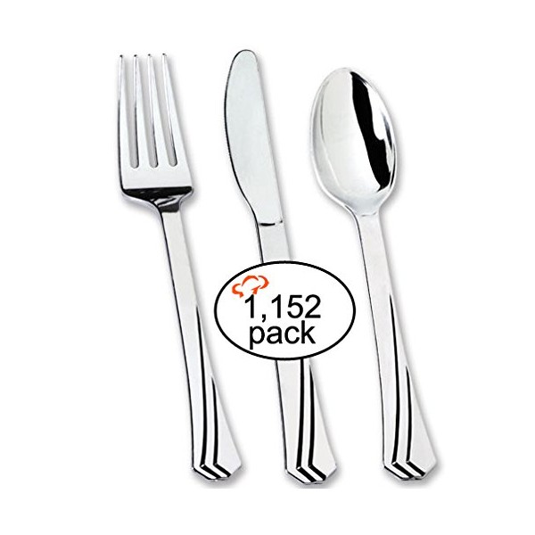 Tiger Chef Heavyweight Polished Silver Plastic Cutlery - 384 Forks, 384 Spoons, 384 Knives - Looks Like Silver Cutlery Combo Box (1,152, Polished Silver)