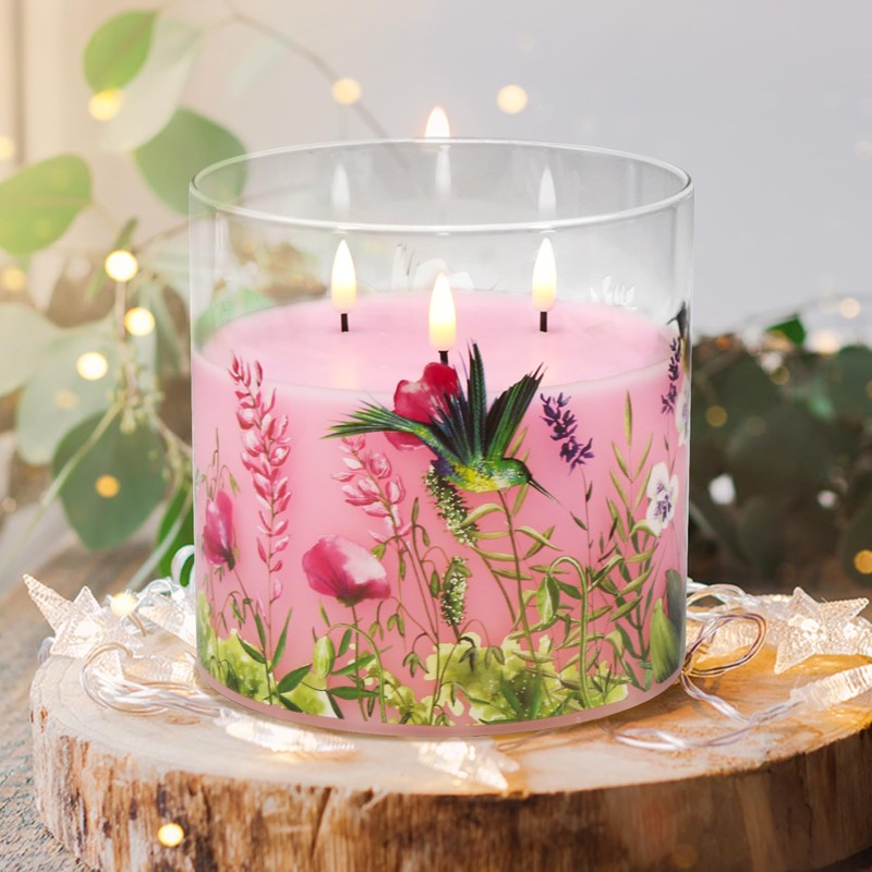 Girimax Large 3 Wick Pink Hummingbird Flameless Candles with Remote,