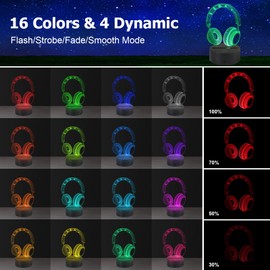 AZIMOM Headphone Headset 3D Illusion Lamp 16Color Night Light,Smart Touch Sensor & Remote Control Bedside Lamps Home Decoration Kids Boys Girls Women Birthday Gifts
