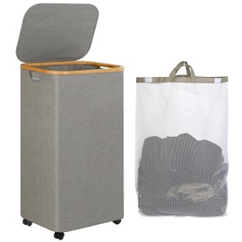 iEGrow Laundry Hamper with Wheels, Laundry Basket with Lid and Liner Bag, 110L Clothes Hamper for Laundry, for Laundry Room, Bedroom, Dormitory Storage.Grey