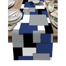Color Block Table Runner 13x70inch Long, Anti-Slip Cotton Linen Table Runenrs, Rectangle Tabletop Decoration for Kitchen Holiday Party Home Decor Abstract Geometric Navy Blue Black Gray Patchwork
