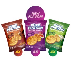Pure Protein Popped Crisps - Variety Pack: Hickory Barbecue, Sour Cream & Onion, Sweet Chili - 12g Plant Based Protein, Gluten Free, Non GMO, Vegan, Air Popped & Puffed Crisps – Healthy Protein Snacks – 12 Pack