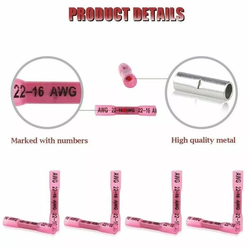 SDYYDS 200Pcs 22-16 AWG Red Marine Grade Heat Shrink Butt