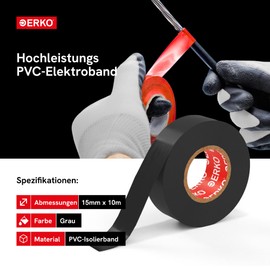 ERKO Isolierband Grau PVC 15mm x 10m Elektrische Leitungen Reparatur, Hochflexibel mit starker Klebekraft, Chemiebeständig, Polyvinyl Chlorid, Universal