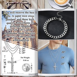 JUNOVUROS 5 Piece Set Stainless Steel Cross Pendant Necklace for Men with 3 Kinds of Chain and Cuban Bracelet, Silver/Gold/Black