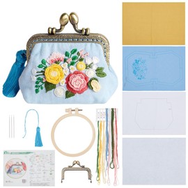 PLIGREAT DIY Flower Embroidery Coin Purse Kits for Beginners, Black Stamped Sewing Handbag with Kiss Clasp Lock Cute Flower Handmade Change Purse Kit with All Supplies for Adults Women DIY Making