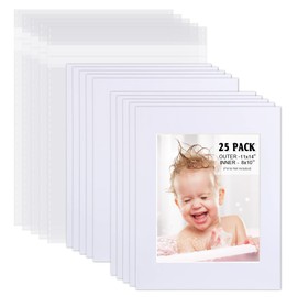 Egofine Pack of 25 White Pre-Cut Mat Board 11x14 Picture Mat for 8x10 Photo with White Core Bevel Cut Mattes Sets. Includes 25 High Premier Acid Free Mats & 25 Backing Board & 25 Clear Bags