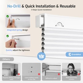 Grandekor No Drill Cellular Shades for Windows,Cordless Window Blinds for Indoor Windows,Blackout Honeycomb Shades,Thermal Insulated Noise Reduction,31" W x 64" H,Blackout-White-White