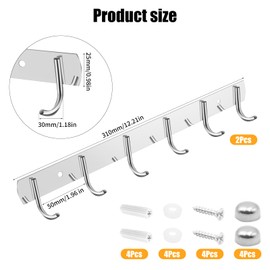 WYYFXY® Pack of 2 Kitchen Hook Rack, Stainless Steel Coat Hooks, Wall Coat Rack for Wardrobe, Bedroom, Cabinet, Bathroom, Kitchen, Silver (6 Hooks)
