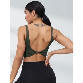 LUYAA Padded Sports Bra for Women Backless Workout Crop Athletic Tops with Built in Bra Strappy Sports Bra Long Line Dark Green XL