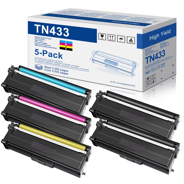 TN433 Toner Cartridge 5 Pack Replacement for Brother TN-433 TN433BK