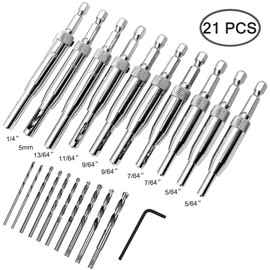 AFUNTA 21 pcs Center Drill Bit Set, AFUNTA Self Centering Hinge Tapper Core Hole Puncher 5/64' 7/64' 9/64' 11/64' 13/64' 5mm 1/4' & 1 Pcs Hex Key & 10 Pcs Replacement Drill Bits