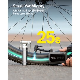 HOTO Air Pump Pocket, Mini Bike Tire Pump, 25s Fast Inflate Bike Pump Electric with Guage, 150PSI Portable Electric Bicycle Air Pump with Presta and Schrader Valve for Road Bike, Motorcycle, E-Bike