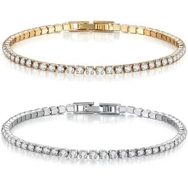 VURYAPI Pack of 2 Zirconia Tennis Bracelets, Women's Silver, Bracelets Women's Bracelet Silver 925 Women's Tennis Bracelet Crystal Bracelet Gift for Mother's Day Birthday Gift for Women (4 mm, Gold,