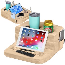 TabCouchCaddy - Couch Cup Holder Tray Pillow - Bed, Couch Caddy, Sofa, RV & Car - Holds Drinks, Snacks, Remotes, Phones, Kindle, Tablet | Bed Cup Holder (Beige)
