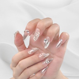 ULCHRVY 10 Press On Nails Silver diamond almond T - Upgrade Handmade Fake Nails With Design by Professional Manicurist，Reusable Gel UV Finished False nails Fit Perfectly& Natural Reusable For Women