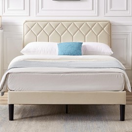 VECELO Queen Size Bed Frame Premium Leather Upholstered Platform with Height Adjustable Headboard/Mattress Foundation, Solid Wooden Slat Support, No Box Spring Needed/Easy Assembly