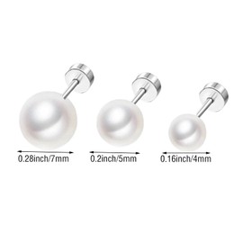 ZHIGOU 3 Pairs Titanium Pearl Stud Earrings for Sensitive Ears - F136 Implant Grade - Threaded Cartilage Tragus Earrings Ear Bone (4mm 5mm 7mm Pearls)