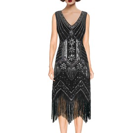 BONGZUO Women's 1920s Flapper Dress Vintage Lace Fringed Gatsby Cocktail Dress with 20s Accessories Set(Z3722GY,XL)