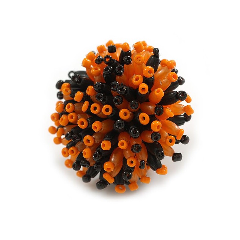 40mm Diameter/Black/Orange Acrylic/Glass Bead Daisy Flower Flex Ring - Size