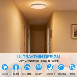 2Pack Dimmable LED Flush Mount Ceiling Light Fixture with Remote Control, 24W 2400LM, 12Inch, 2000K Warm Night Light & 3000K-6500K, Modern Super Slim Ceiling Lamp for Bedroom Kitchen, White