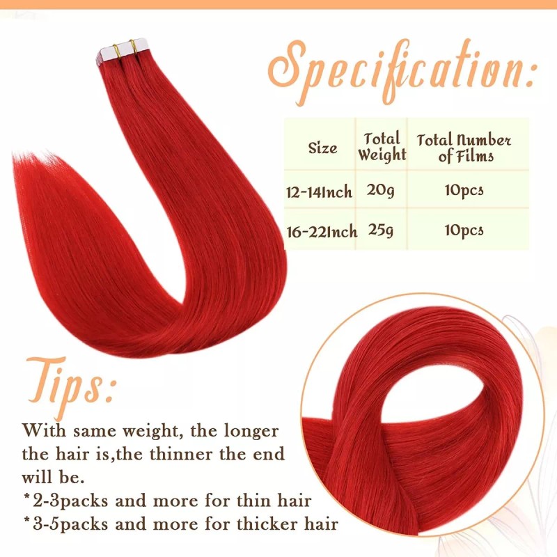 Easyouth Extensiones De Cabello 100% Real 25gr 20in Rojo