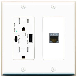 RiteAV 1 Port Cat7 Shielded Ethernet Wall Plate - USB A+C Charger Outlet [White/White]