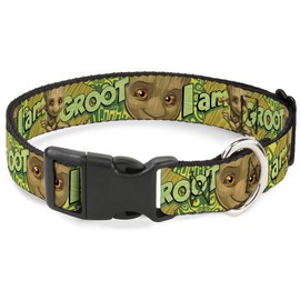 Buckle Down Dog Collar Plastic Clip Baby Groot Pose Face I Am Groot Browns Greens Yellows Available in Adjustable Sizes for Small Medium Large Dogs