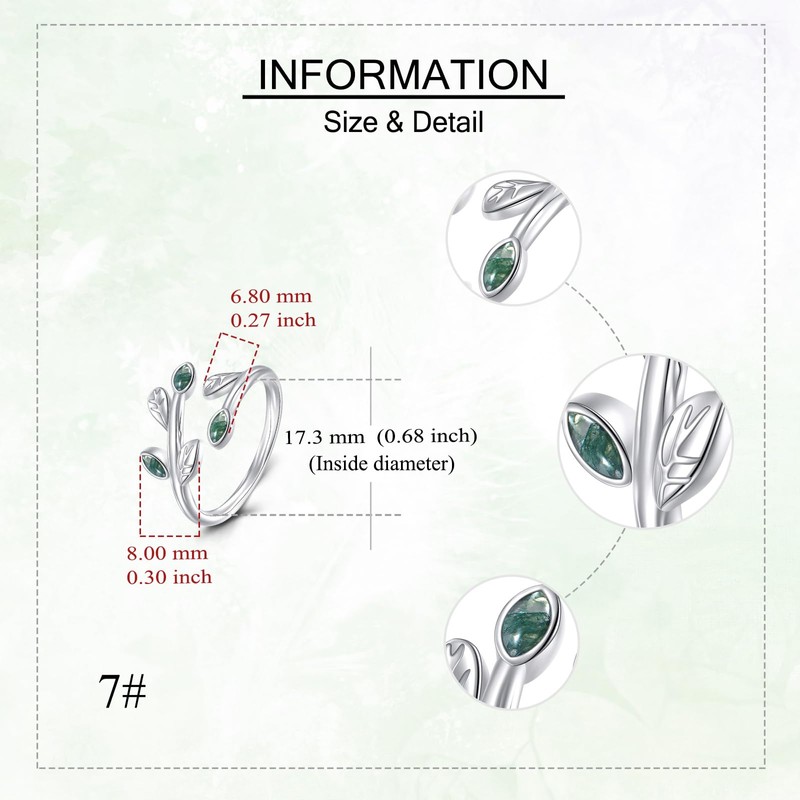 Leaf Ring Sterling Silver Moss Agate Leaf Adjustable Open Rings