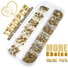qiipii 1300Pcs Mine Gold Nail Rhinestones 60 Multi Shapes Flatback metallic golden Rhinestones Gems +1240 Round Beads K9 Glass Nail Stones Diamonds Nail Art Supplies for Nails Faces Eyes Makeup Crafts