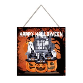Alloween Pumpkin Witch Ghost Haunted House Wood Sign Home Decor Farmhouse Bat Boo Spider Web Spooky Wood Signs Plaque Wall Decor for Home Office Bathroom Shelf Decor 8x8in Made in USA