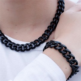13mm Wide Cuban Link Chain Necklace for man and Woman-Black 55cm