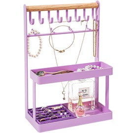 Lolalet Jewelry Organizer Stand Holder, 4-Tier Cute Necklace Holder Stand Rack with 12 Hooks Place Rings Necklaces for Teen Girl Room Decor- Purple
