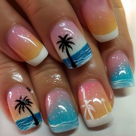 Summer Press on Nails White French Tip Fake Nails Medium Coffin Shaped Gradient Beach False Nails with Coconut Tree Designs Glitter Acrylic Nails Full Cover Stick on Nails for Women Nail Art Manicure