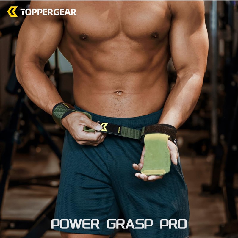TOPPERGEAR Power Grip Genuine Leather Weightlifting Grips (Green, Medium)