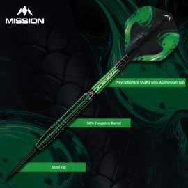 Mission | Venom Darts | Black & Green | Electro Plate | Steel Tip Darts Set | 90% Tungsten | Available in Multiple Weights. (25, Grams)
