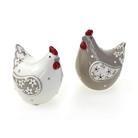 TEMPELWELT Set of 2 Decorative Figurines Hen Sitting 9 cm Ceramic White Brown Red Decorative Figure Chicken Chicken for Spring Summer Easter Decoration