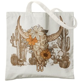 Veqzc Vintage Western Bull Skull Canvas Tote Bag for Women - Country Girl Gift, Reusable Grocery Shopping Bag