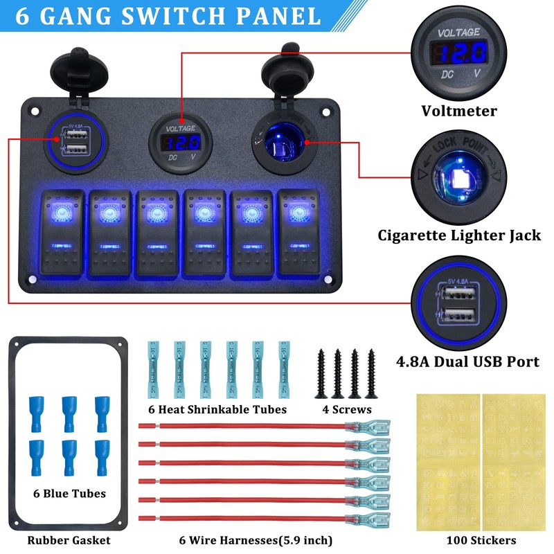 6 Gang Rocker Switch Panel, EilxMag Blue Marine Switch Panel
