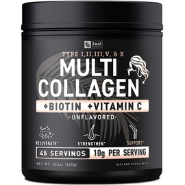 Premium Multi Collagen Peptides Protein Powder (1, 2, 3, 5 & 10) with Vitamin C, Biotin, Hyaluronic Acid, for Hair Skin and Nails - Marine, Bovine, Chicken & Eggshell (Unflavored, 45 Servings)