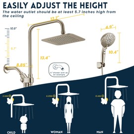 Ryamen Dual Shower Head Combo, Brushed Nickel 8'' High Pressure Rain/Rainfall Shower Head, 6 Settings Adjustable Handheld Showers, with 15" Height Adjustable Slide Bar, Holder/59’‘ Hose