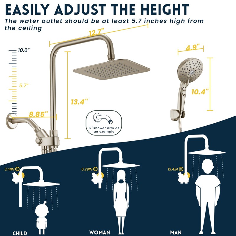 Ryamen Dual Shower Head Combo, Brushed Nickel 8'' High Pressure