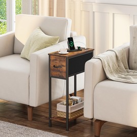 Vagusicc End Table Set of 2 with Charging Station, Narrow Side Table with Outlet, Skinny Nightstand with Fabric Drawer, Small Night Stand End Tables Living Room, Bedside Table for Bedroom Small Spaces