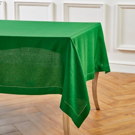Solino Home Garden Green Linen Tablecloth 60 x 90 Inch - 100% Pure Linen Classic Hemstitch Table Cloth for Rectangle Tables - Machine Washable Tablecloth for St Patricks Day Decorations