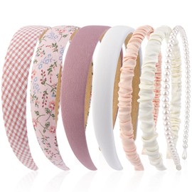VELSCRUN 7 Pcs Different Headbands for Women Fashion Pink Solid Head Bands Pearl Headband Non Slip Hair Band for Womens Thin Thick Short Hair Face Wash Hair Accessories Gifts for Women Gilrs