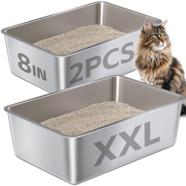 EGMEHOAD Stainless Steel Litter Box,Metal Litter Box for Big Cats 8IN Deep, Cat Litterbox 2 Pack Easy to Clean-High Sided,Stainless Steel CatLitters Box for Adult Cats,Non Stick, No Smell