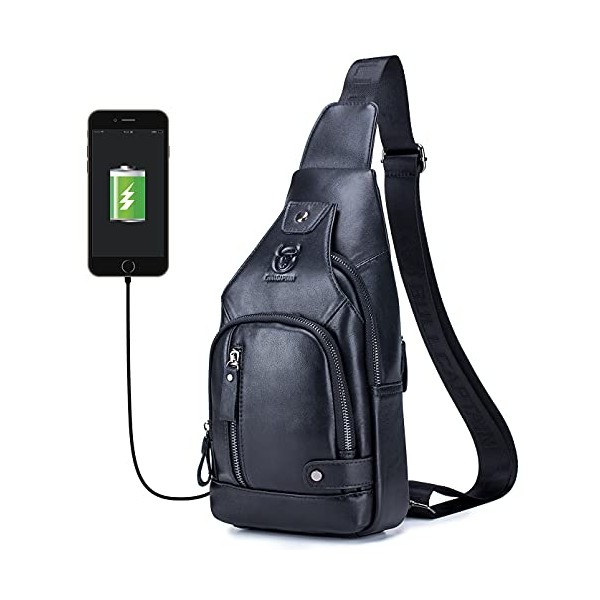 BULLCAPTAIN Men Crossbody Bag with USB Charging Port Genuine Leather Shoulder Sling Chest Bag Travel Hiking Backpack (Black)