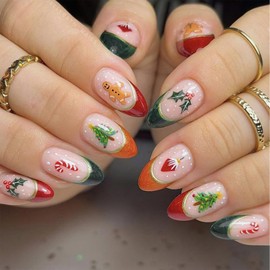 Jremg Christmas Press on Nails Medium Almond Fake Nails with Christmas Tree Snowflake Gingerbread Man Design Glossy Red Orange Green French Acrylic False Nails Cute Xmas Stick on Nails for Women 24Pcs